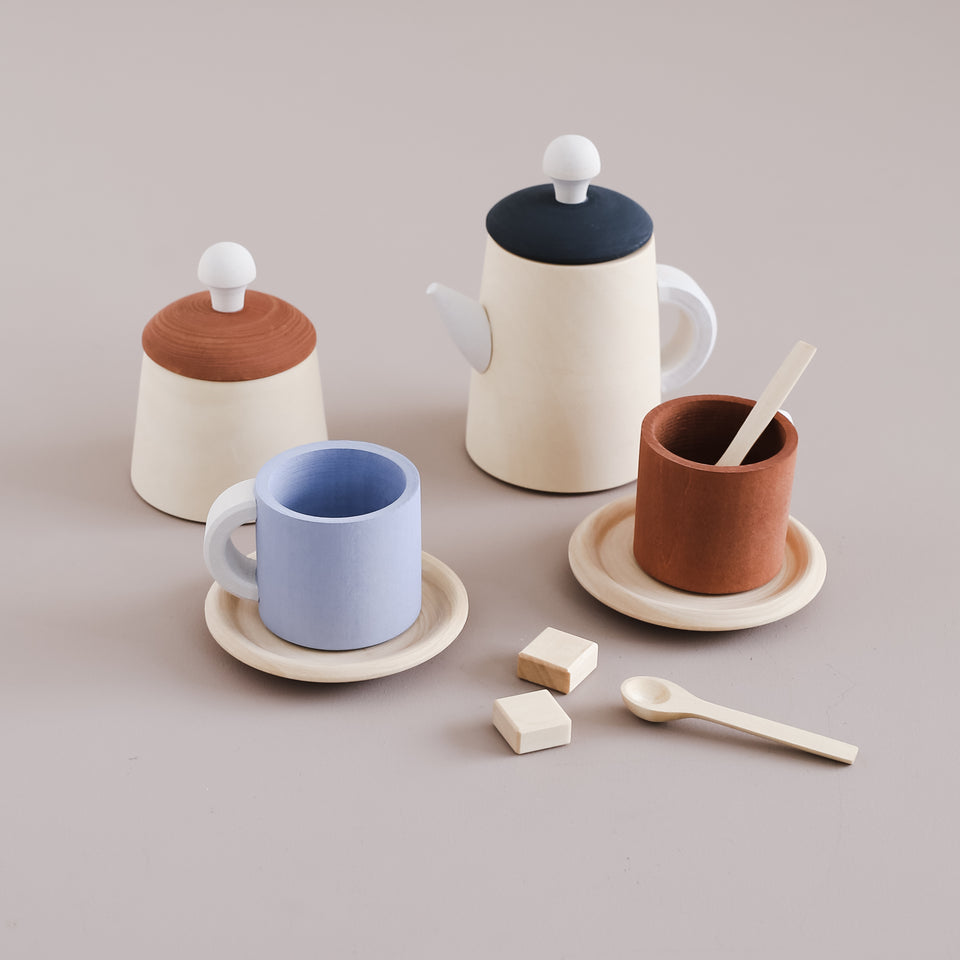 Wooden Tea Set Terracotta and Blue